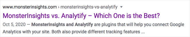 13 - Blog Tyrant "MonsterInsights vs. Analytify - Which One is the Best?" This shows how a dash looks in a title tag