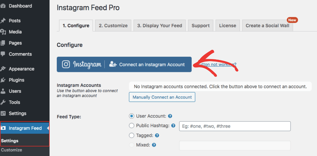 2.-instagram-feed-to-settings - Blog Tyrant To connect your instagram account with instagram feed pro, click on instagram feed settings and then Connect an Instagram account