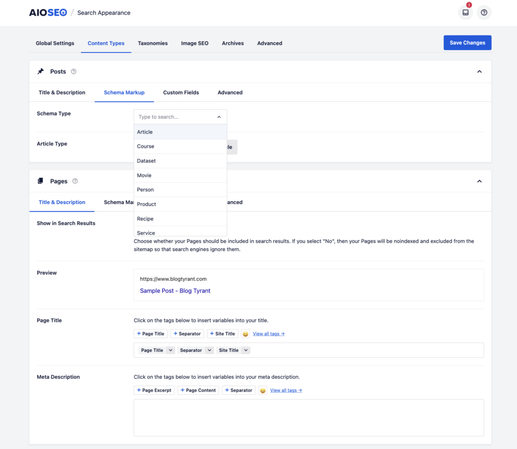 AIOSEO schema markup options - Blog Tyrant