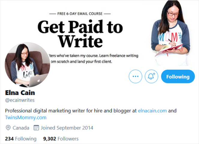 elna-cain-twitter - Blog Tyrant elna cain freelance twitter bio example