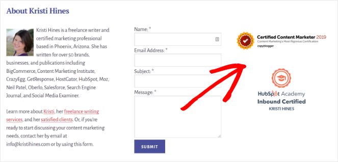 kristi-hines-certificates - Blog Tyrant social proof example of certifications on website